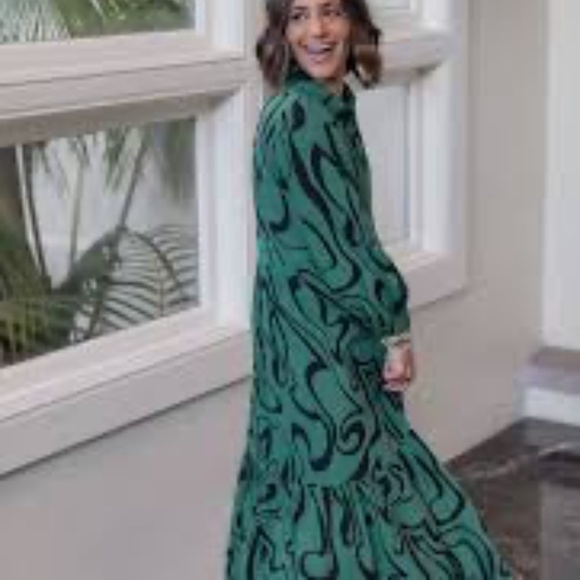 Zara Swirl Print Green Black Long Sleeve Button Up Maxi Dress Blogger's Fav M - Picture 10 of 16